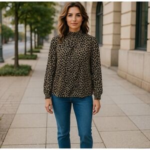 J.Crew Top Womens Size Small  Black Animal Print Chiffon Mock Neck Chic